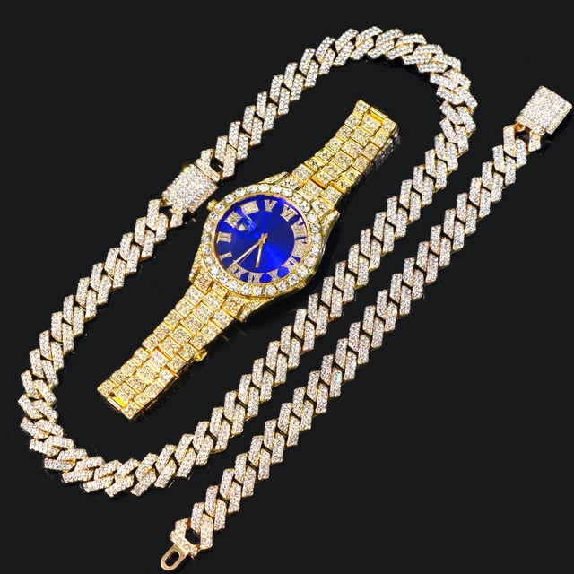 14MM Cuban Link Chain, Bracelet, Blue Face Watch - Gold