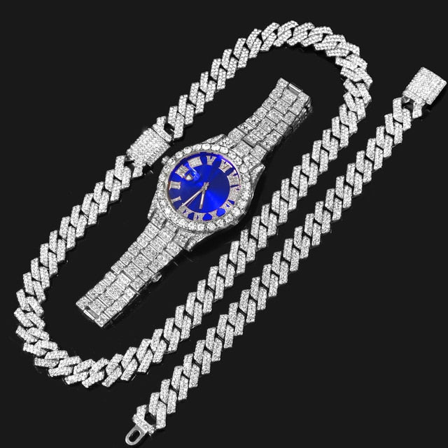 14MM Cuban Link Chain, Bracelet, Blue Face Watch - Silver