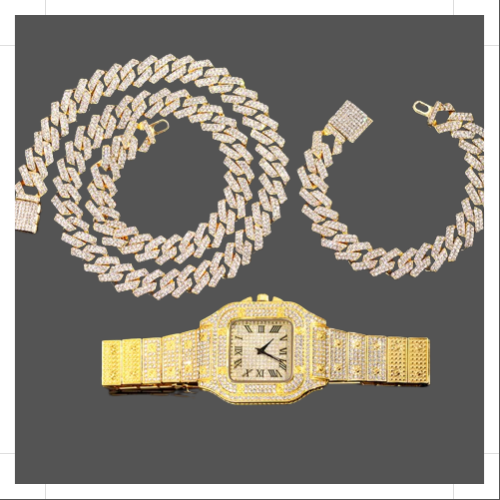 14MM Cuban Link Chain, Bracelet, and Watch Set - Gold