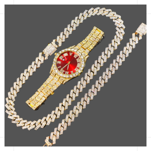 14MM Cuban Link Chain, Bracelet, Red Face Watch - Gold