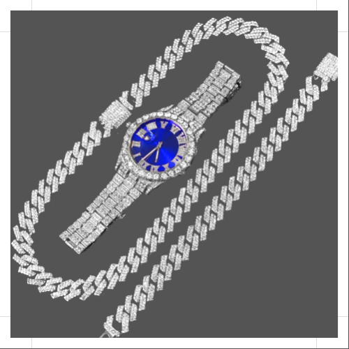 14MM Cuban Link Chain, Bracelet, Blue Face Watch - Silver